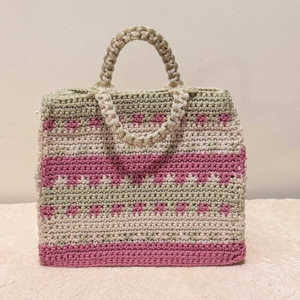 Brigit-Mary Pink Beige Crochet Floral Top Handle Satchel Handbag Knit Purse